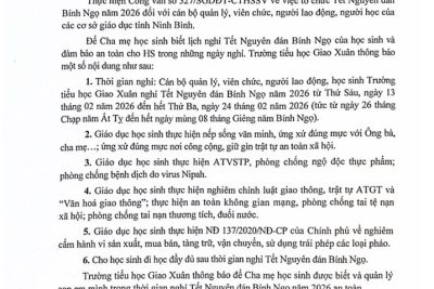 Trường Tiểu học Giao Xuân thông báo lịch nghỉ tết nguyên đán Bính Ngọ năm 2026